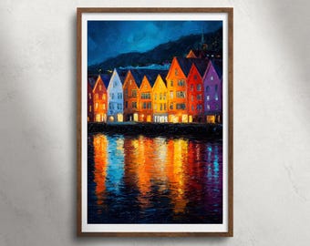 Bryggen Bergen Noorwegen nacht olieverfschilderij afdrukbare muurkunst, kleurrijke havenhuizen kustplaats print, Scandinavisch decor, reisposter