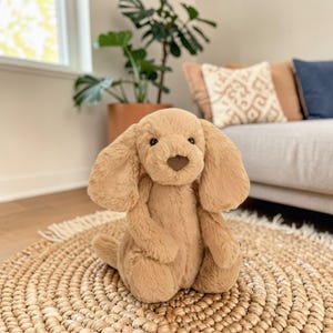 May include: A plush, tan-colored dog toy with floppy ears and a heart-shaped nose. The stuffed animal is sitting on a woven, circular rug. The background includes a window, a potted plant, and a sofa with decorative pillows.