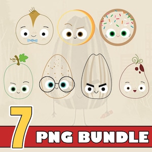 May include: A collection of seven cartoon food characters with expressive faces. The characters include an onion with a bow tie, a donut with sprinkles, a sunflower seed, and a pumpkin. The image also includes the text "7 PNG BUNDLE".