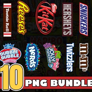 Pode incluir: Uma coleção de logotipos de doces, incluindo Snickers, Hershey's, Kit Kat, Reese's e Tootsie Roll. Outros logotipos incluem Dubble Bubble, Nerds, Jolly Rancher, Twizzlers e M&M's. O número "10" é exibido com o texto "PNG BUNDLE".