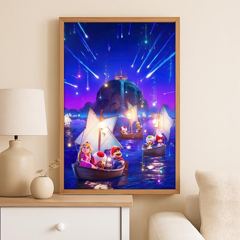 Póster de Super Mario Galaxy Navegando de Noche, Póster de lienzo de Mario, Peach y Toad en barco, Póster de sala de juegos con cielo estrellado mágico imagen 1