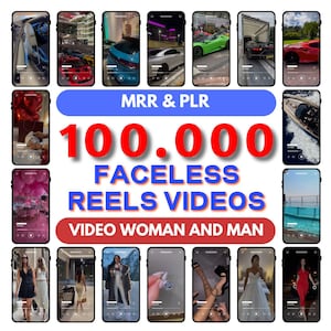 Puede incluir: Imagen promocional con múltiples teléfonos inteligentes que muestran contenido de video. La imagen incluye el texto "MRR & PLR", "100.000 FACELESS REELS VIDEOS" y "VIDEO WOMAN AND MAN". Los videos muestran varias escenas, incluidos coches de lujo y contenido de estilo de vida.
