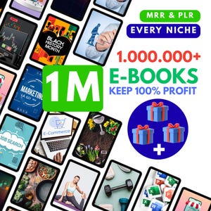 May include: A promotional image featuring multiple tablets displaying various themes, including "Black History Month" and "E-Commerce." The central focus is on the text "1M E-BOOKS," with additional text indicating "MRR & PLR" and "Keep 100% Profit." Gift boxes are also present.