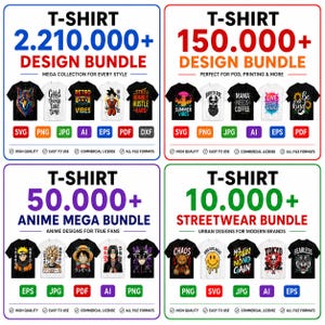 Pode incluir: Gráfico promocional de pacotes de designs para camisetas, com designs de vários estilos, incluindo anime e streetwear. A imagem destaca o número de designs disponíveis em cada pacote, com formatos de arquivo como SVG, PNG, JPG, AI, EPS, PDF e DXF.