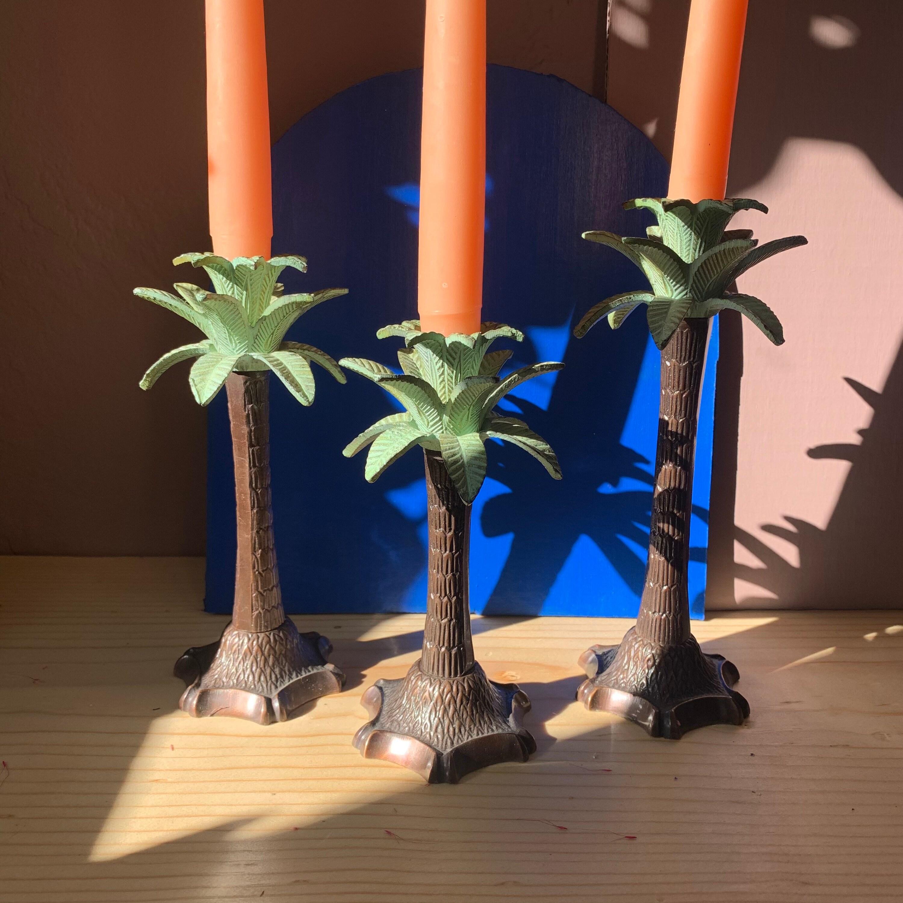 Brass Palm Tree Candlestick Holders Set of 3 Etsy