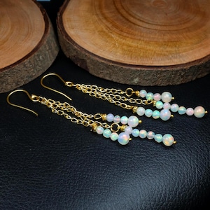 Opal Long Drop Earrings in Gold, Dainty Beaded Opal Tassel Earrings, Ethiopian Fire Opal Cascading Earrings, Boho Wedding Jewelry