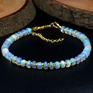 Blue Ombre Ethiopian Opal Bracelet, Natural Blue Fire Opal Round Beaded Jewelry, Sterling Silver Color Gradient Bracelet Gift