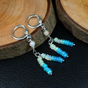 Dainty Blue Opal Fringe Earrings • Natural Opal Beaded Tassel Drops • Silver Huggie Hoop Earrings • Handmade Crystal Jewelry