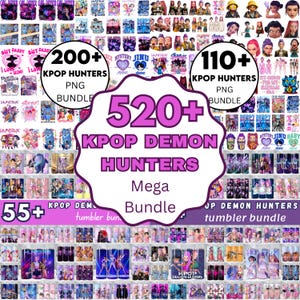 Puede incluir: Imagen promocional que muestra un mega paquete de productos digitales con temática K-Pop. La imagen presenta una variedad de archivos PNG y diseños de vasos, con superposiciones de texto que indican la cantidad de artículos en cada paquete, incluyendo "520+ KPOP DEMON HUNTERS Mega Bundle."