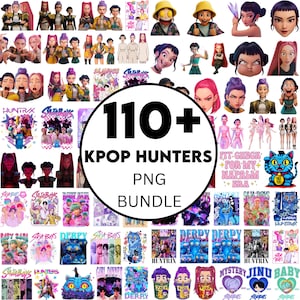 Peut inclure: Un ensemble de graphiques PNG avec des illustrations et des personnages sur le thème de la K-pop. Les images comprennent des portraits, des photos de groupe et des superpositions de texte, avec une variété de couleurs et de styles. Le texte central est "110+ KPOP HUNTERS PNG BUNDLE".