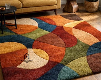 Alfombra de lana geométrica abstracta, tejida a mano: moderna y ecológica de mediados de siglo.