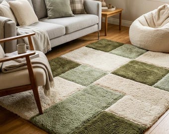 Handmade Wool Checkerboard Rug – Green Cream Modern Carpet for Living Room