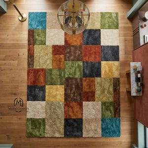 Alfombra de patchwork tejida a mano, alfombra geométrica de lana, alfombra moderna y artística para sala de estar.