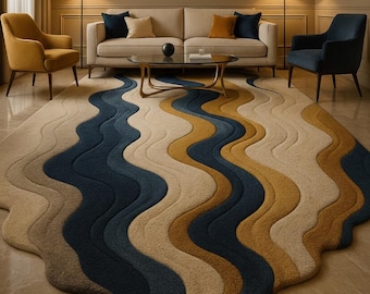 Hand Tufted Abstract Wave Rug – Luxury Modern Blue & Gold Area Carpet