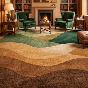 抽象的な幾何学模様のエリアラグ | マスタードイエロー、ラストオレンジ、クリーム、グレーブルーの曲線