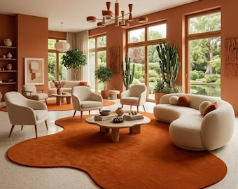 Hand Tufted Wool Rug, Terracotta Organic Shape Modern Area Carpet, Plush Living Room Rug