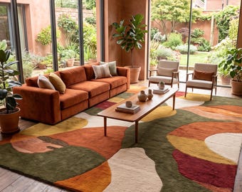 Hand Tufted Wool Area Rug | Mid Century Modern Geometric Terracotta Olive Green