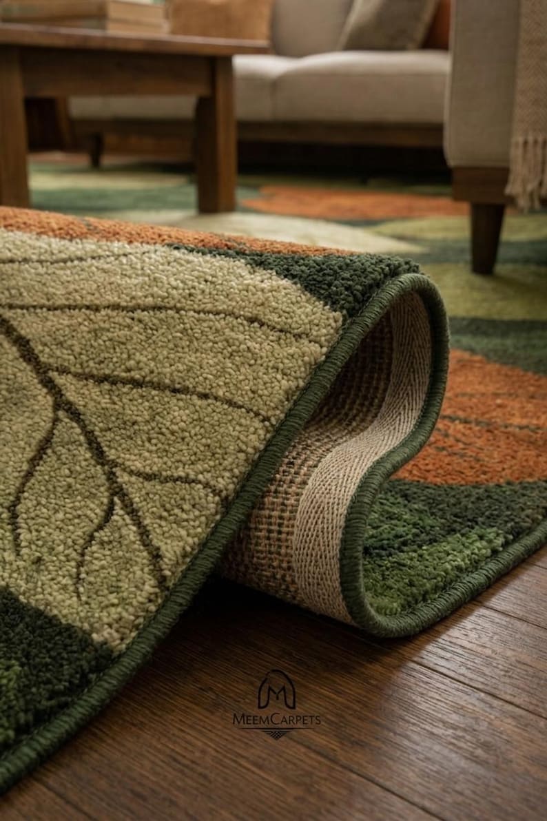 Modern green beige leaf area rug for cozy home decor