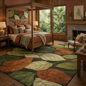 Nature inspired area rug with large leaf design and soft texture