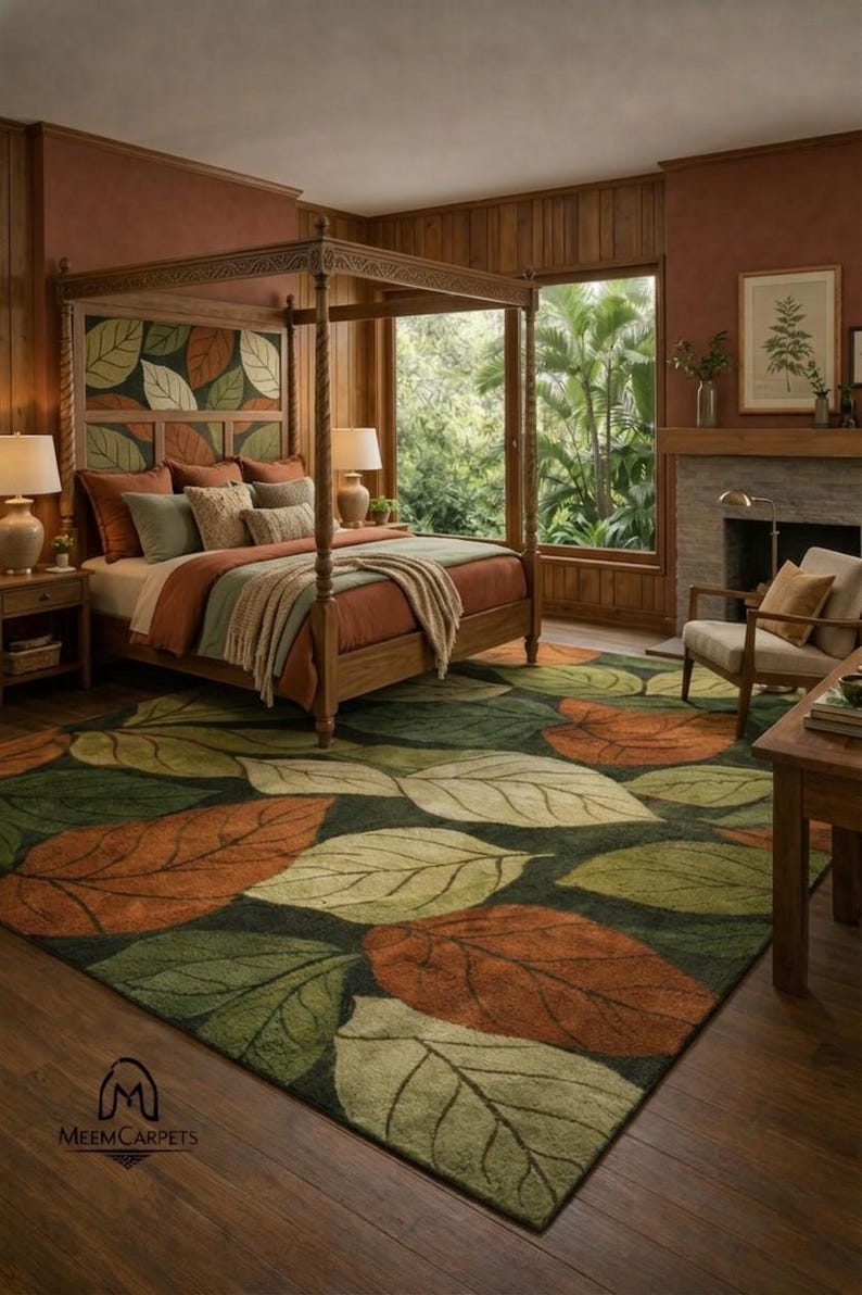 Nature inspired area rug with large leaf design and soft texture