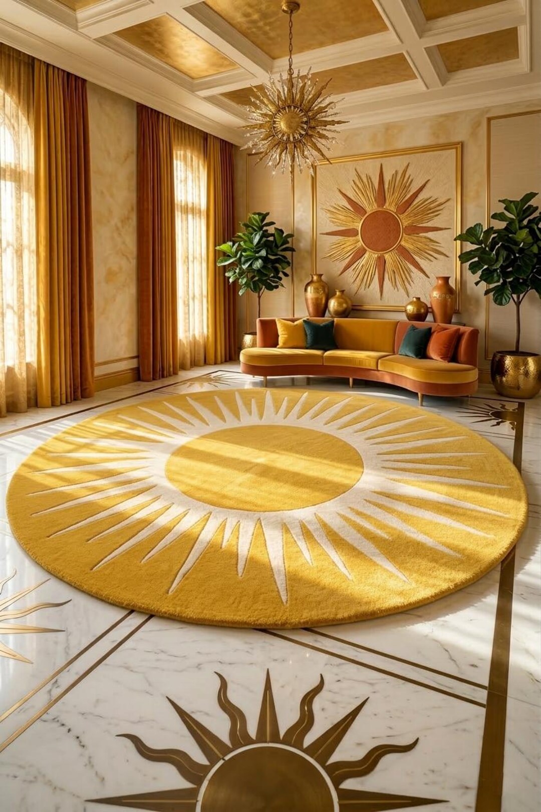 Goldan Rug Hand Tufted Golden Sun Round Area Rug – Luxury Celestial Statement ...