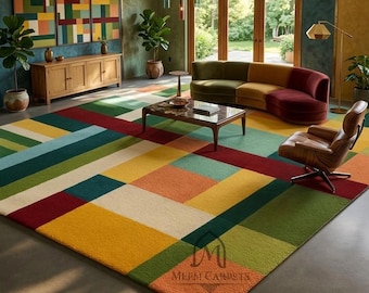 Mid Century Modern Geometric Wool Area Rug – Color Block Abstract Living Room Carpet