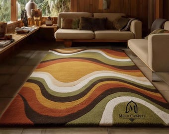 Alfombra de lana tejida a mano: estilo retro ondulado de mediados de siglo en tonos tierra.