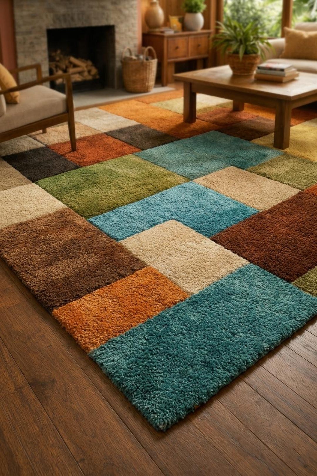 Hand Tufted Patchwork Area Rug, Geometric Wool Carpet, Modern Artistic ...