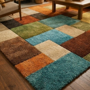 Tapete patchwork tufado à mão, tapete geométrico de lã, tapete moderno e artístico para sala de estar.