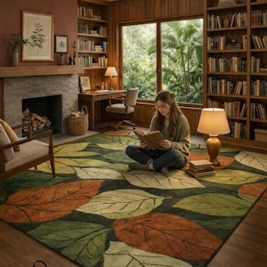 Modern botanical rug with green and brown leaves for home decor