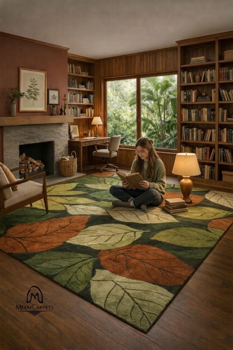 Modern botanical rug with green and brown leaves for home decor