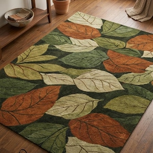 Botanical leaf pattern rug in green and earthy tones for living room