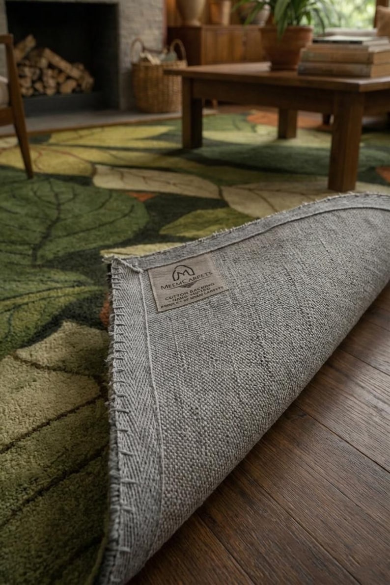 Hand tufted nature inspired rug with leaf design and soft texture