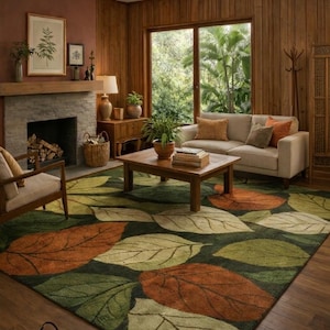 Green botanical leaf area rug with earthy tones in modern living room
