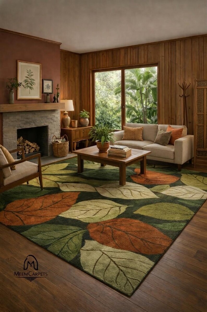 Green botanical leaf area rug with earthy tones in modern living room