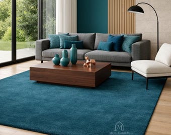 Tufted Teal Blue Modern Area Rug | Eco-Friendly Living Room Carpet | Plush Soft Floor Rug
