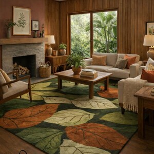 Earth tone handmade rug with detailed botanical leaf pattern