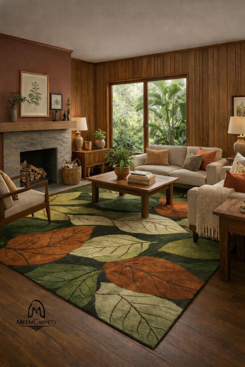 Earth tone handmade rug with detailed botanical leaf pattern