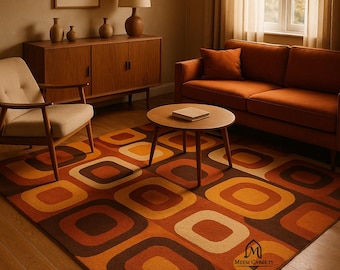 Alfombra naranja de estilo moderno de mediados de siglo / Alfombra geométrica retro de los años 70