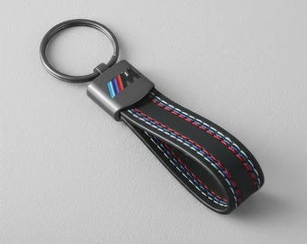 M-Style Leather Keychain for BMW Owners – Tricolor Stitch Key Fob Strap, Multiple Colors Available, Motorsport-Inspired Key Ring Gift