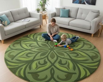Handgetufteter Wollteppich | Grün Blumen Mandala Bodenkunst
