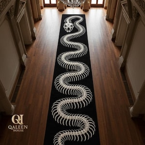 Alfombra de lana tejida a mano con diseño de esqueleto de serpiente, alfombra gótica negra y marfil, alfombra de pasillo con diseño de esqueleto, alfombra gótica para pasillo, decoración oscura