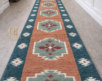 Handgetufteter Wollteppich, Berber Teppich, Suedwestern Tribal Teppich Läufer, Terrakotta Blauer Läufer
