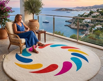 Hand Tufted Wool Rug, Colorful Abstract Swirl, Modern Round Carpet, Living Room Area Rug