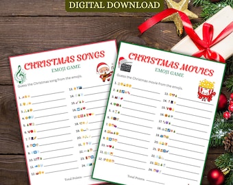 May include: Two Christmas Emoji Games digital download. The image shows two printable game sheets: "Christmas Songs Emoji Game" and "Christmas Movies Emoji Game". Each sheet has a list of emojis to guess the song or movie.