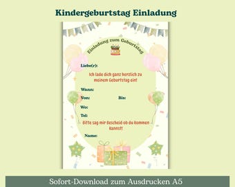 Einladung zum Kindergeburtstag | Pobierz Sofort | Druckbare Geburtstagseinladung A5 | Digitale Vorlage zum Ausfüllen
