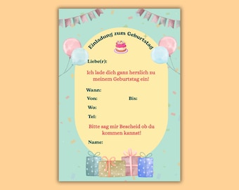 Einladung zum Kindergeburtstag | Pobierz Sofort | Druckbare Geburtstagseinladung A5 | Digitale Vorlage zum Ausfüllen