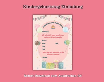 Einladung zum Kindergeburtstag | Pobierz Sofort | Druckbare Geburtstagseinladung A5 | Digitale Vorlage zum Ausfüllen