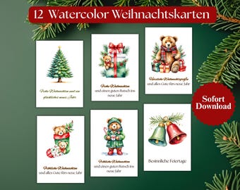 12 Druckbare Weihnachtskarten Postkarten + 12 DIY Klappkarten (A4→A5) |水彩画 |デジタル