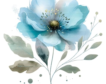 12 Abstract Blue Flower Watercolor Clipart Bundle. Dusty  Flowers, JPG, Instant Download, Floral Art